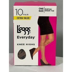 L'eggs Everyday Knee Highs One Size SUNTAN Sheer Toe 10 Pair Made In USA